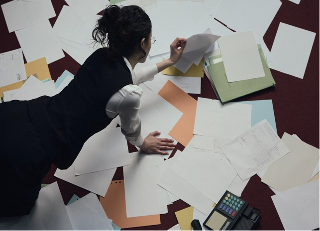 Frau sortiert Dokumente auf einem Schreibtisch