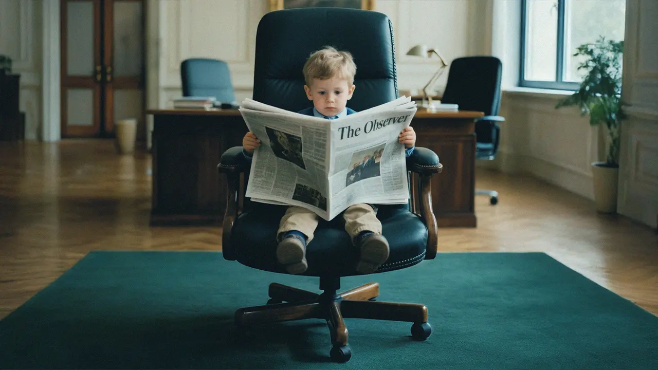 Two business men in suits holding up a newspaper and reading it.